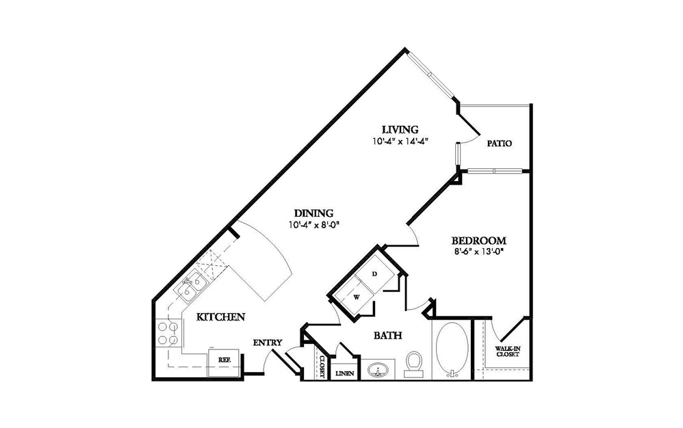 The Crescent - 1-bedroom floorplan layout with 1 bath and 679 square feet